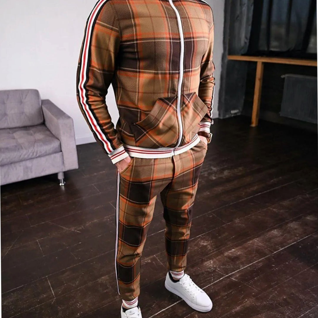 Men's Plaid Two-Piece Zip-Up Jogging Tracksuit Set - Orange
