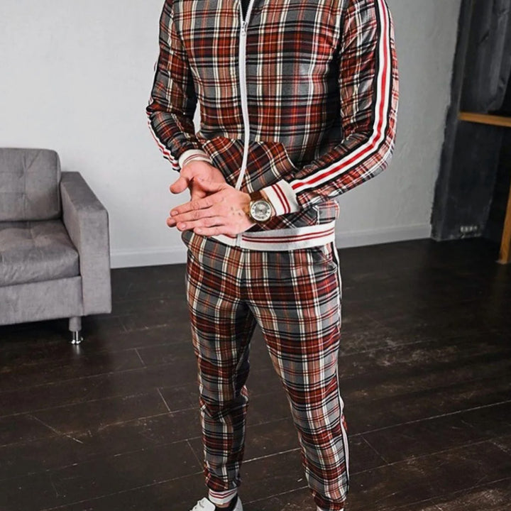 Men's Plaid Two-Piece Zip-Up Jogging Tracksuit Set - Khaki