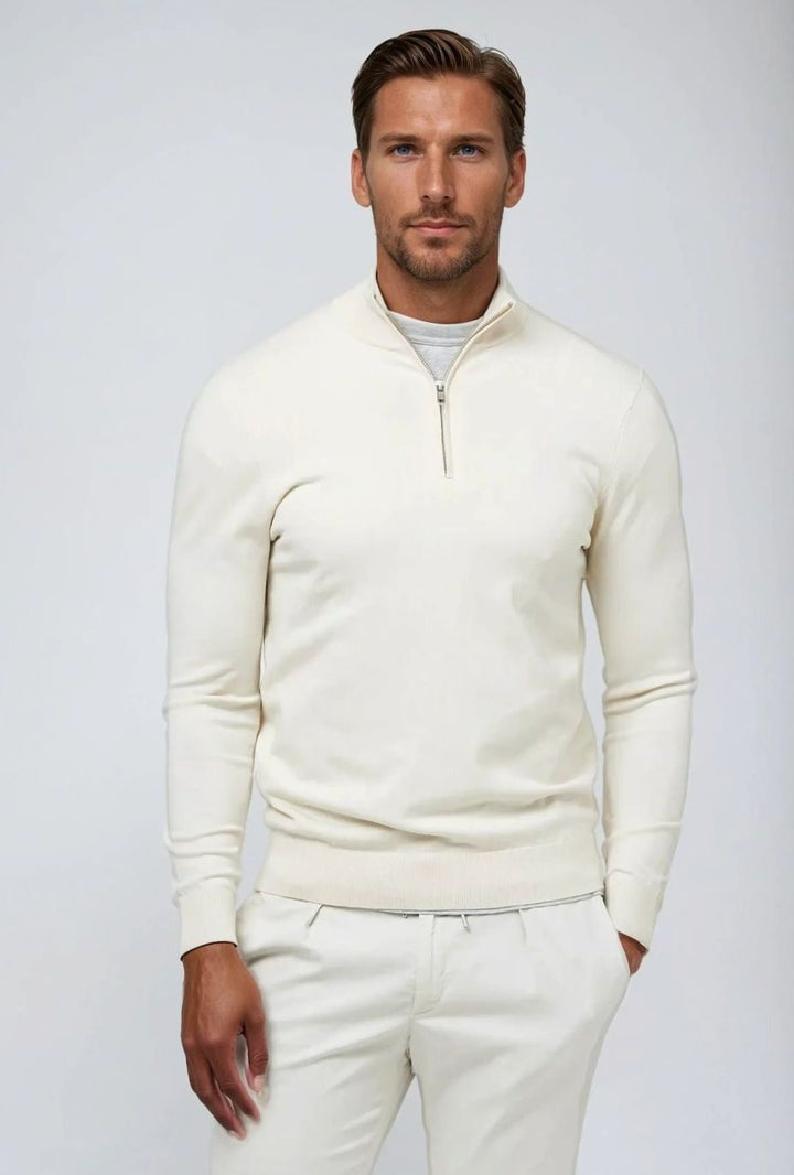 Men's Quarter-Zip Classic Knit Sweater Ribbed-Hem Pullover - White
