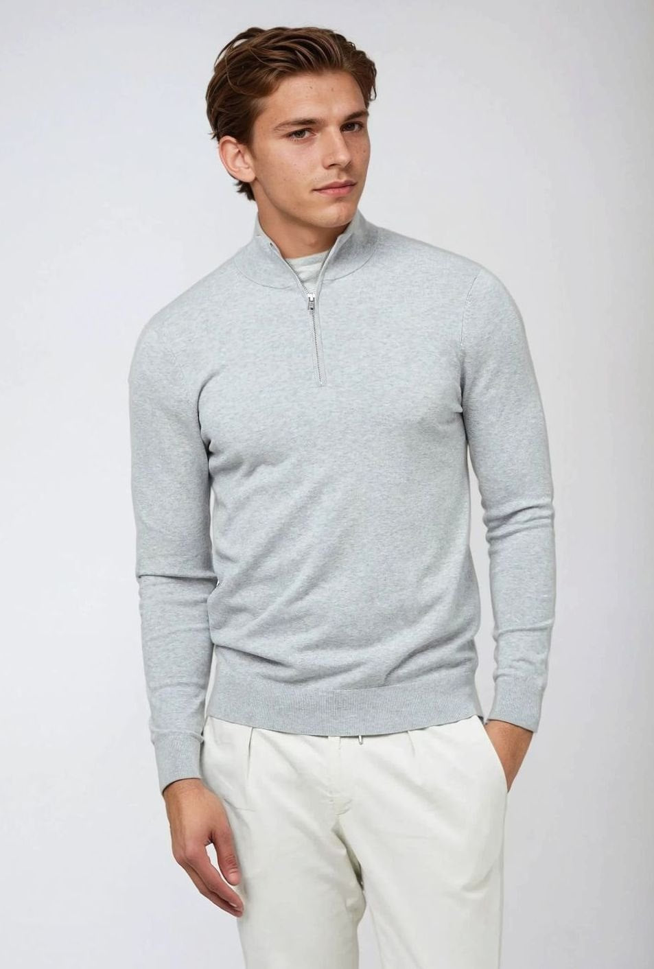 Men's Quarter-Zip Classic Knit Sweater Ribbed-Hem Pullover - Gray