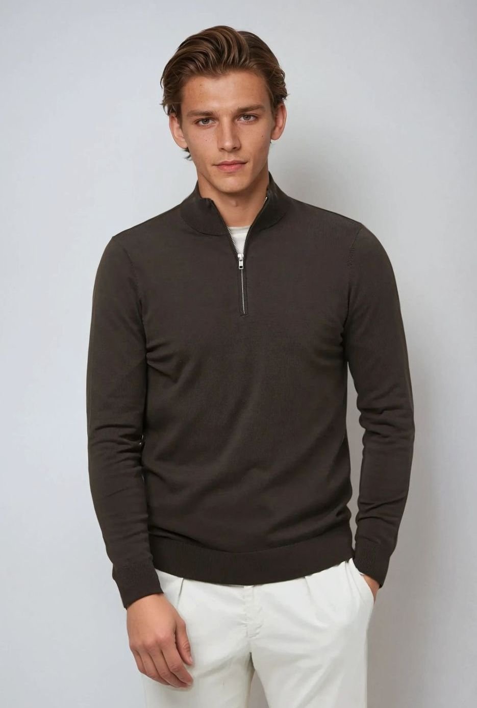 Men's Quarter-Zip Classic Knit Sweater Ribbed-Hem Pullover - Brown