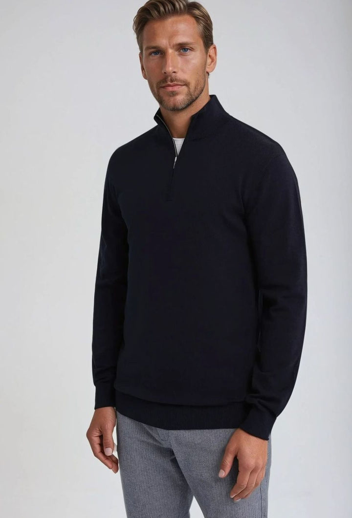 Men's Quarter-Zip Classic Knit Sweater Ribbed-Hem Pullover - Navy