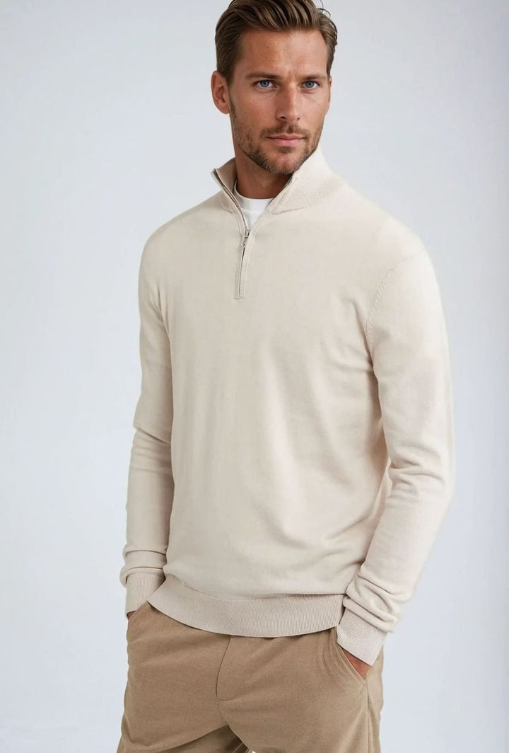 Men's Quarter-Zip Classic Knit Sweater Ribbed-Hem Pullover - Beige