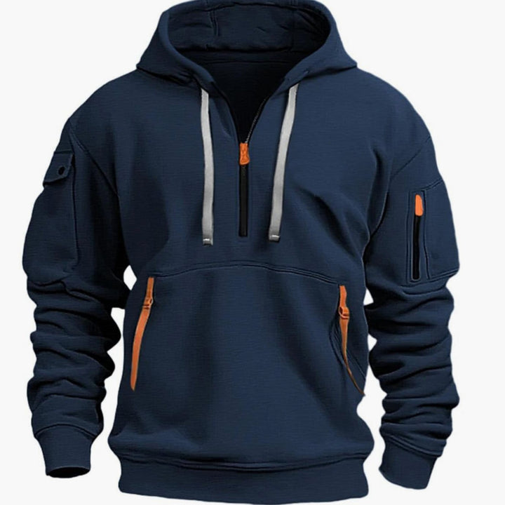 Men's Quarter-Zip Utility Pocket Style Hoodie Long Sleeve Sweatshirt - Dark Blue