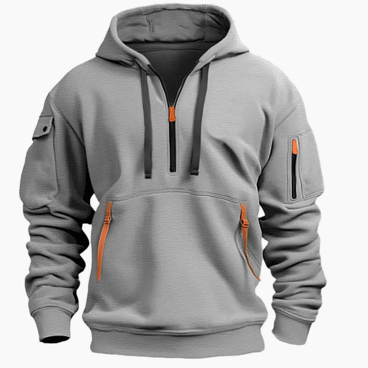 Men's Quarter-Zip Utility Pocket Style Hoodie Long Sleeve Sweatshirt - Light Grey