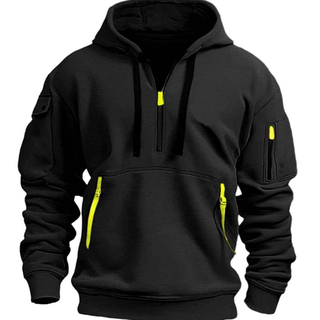 Men's Quarter-Zip Utility Pocket Style Hoodie Long Sleeve Sweatshirt - Black