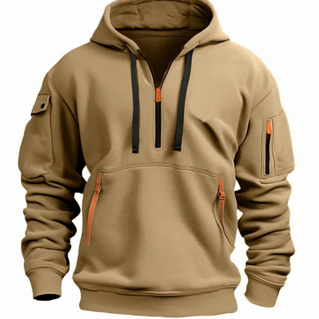 Men's Quarter-Zip Utility Pocket Style Hoodie Long Sleeve Sweatshirt - Khaki