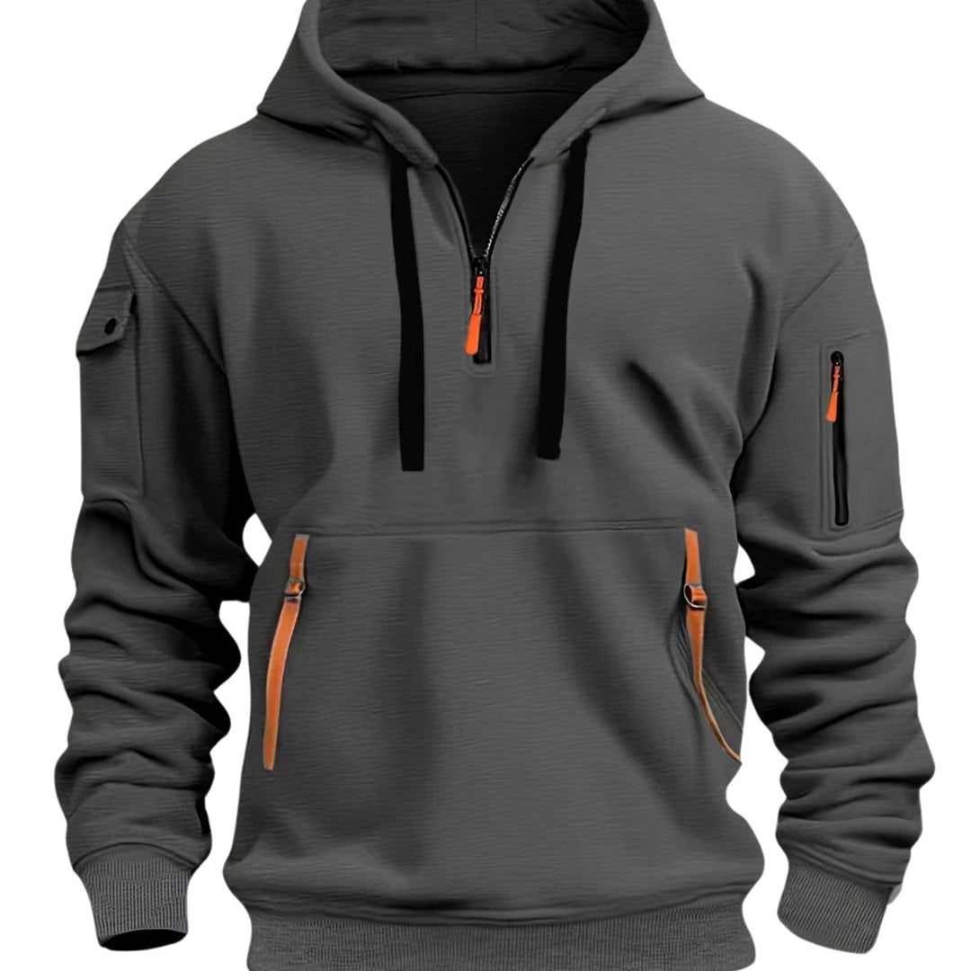 Men's Quarter-Zip Utility Pocket Style Hoodie Long Sleeve Sweatshirt - Dark Grey