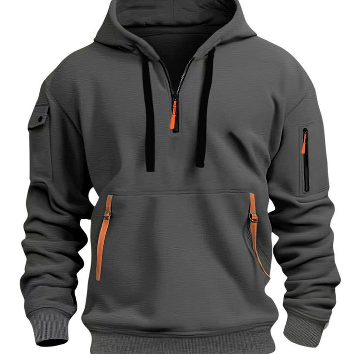 Men's Quarter-Zip Utility Pocket Style Hoodie Long Sleeve Sweatshirt - Dark Grey