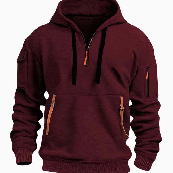 Men's Quarter-Zip Utility Pocket Style Hoodie Long Sleeve Sweatshirt - Red