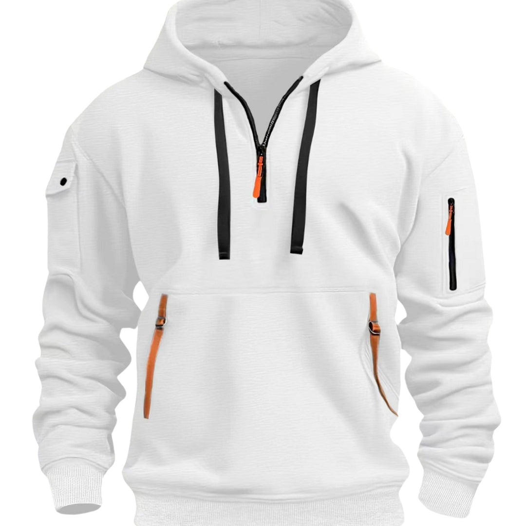 Men's Quarter-Zip Utility Pocket Style Hoodie Long Sleeve Sweatshirt - White