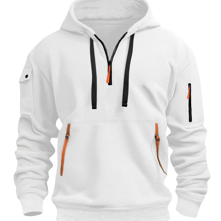 Men's Quarter-Zip Utility Pocket Style Hoodie Long Sleeve Sweatshirt - White