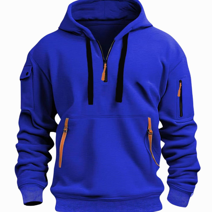 Men's Quarter-Zip Utility Pocket Style Hoodie Long Sleeve Sweatshirt - Blue