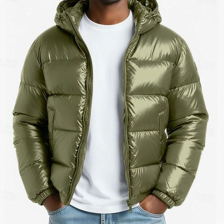 Men's Quilted Hooded Coated Puffer Jacket, Olive Green - Green