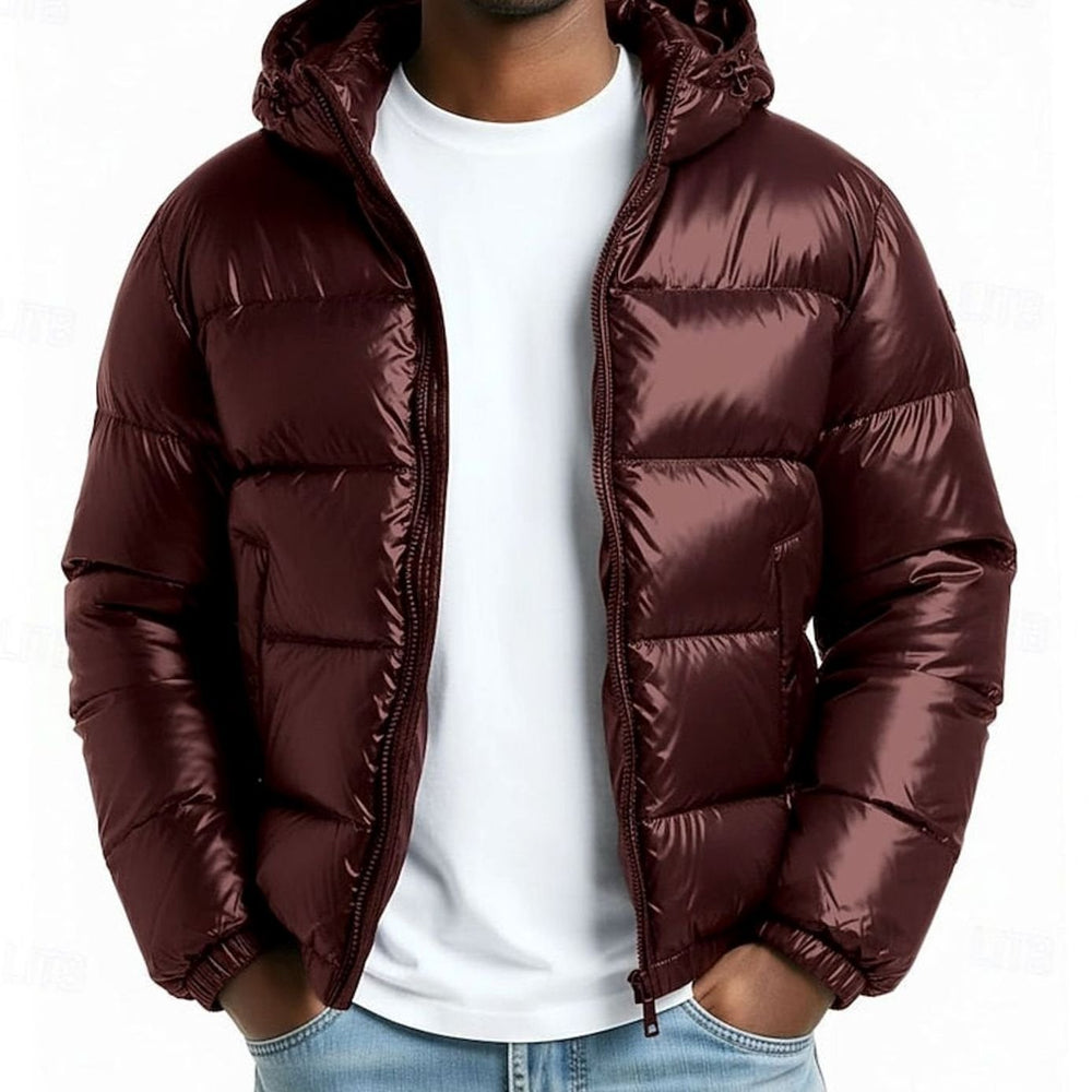 Men's Quilted Hooded Coated Puffer Jacket, Olive Green - Wine