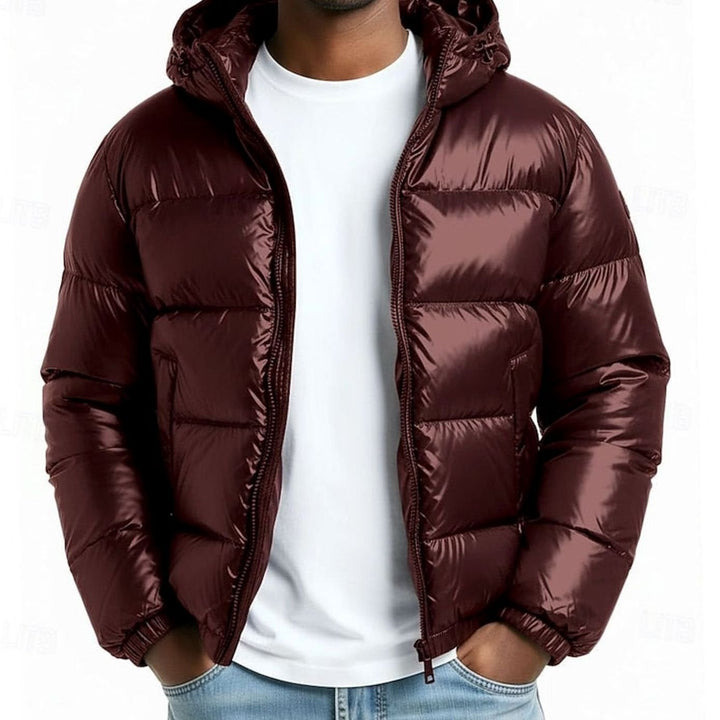 Men's Quilted Hooded Coated Puffer Jacket, Olive Green - Wine