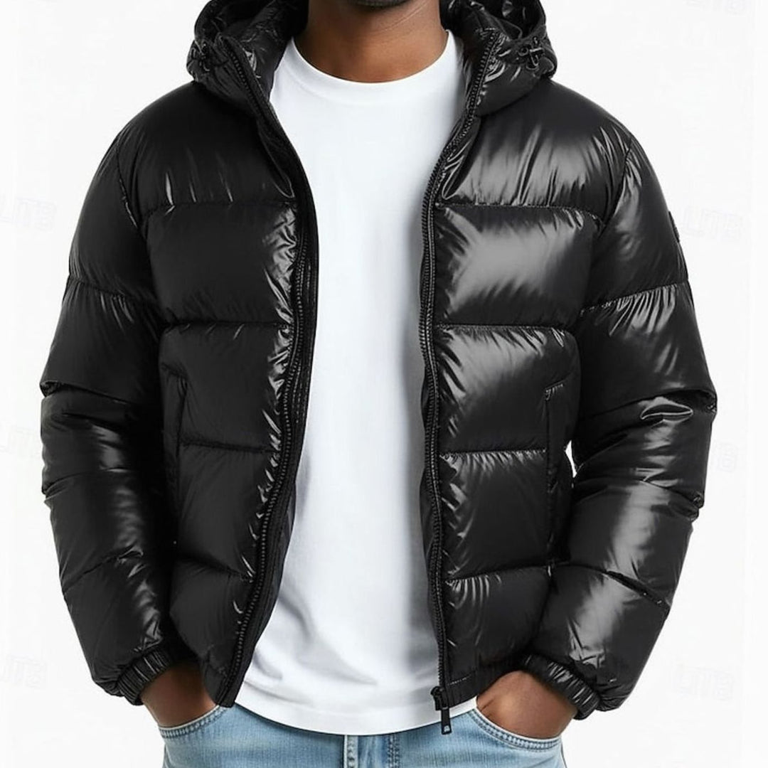 Men's Quilted Hooded Coated Puffer Jacket, Olive Green - Black
