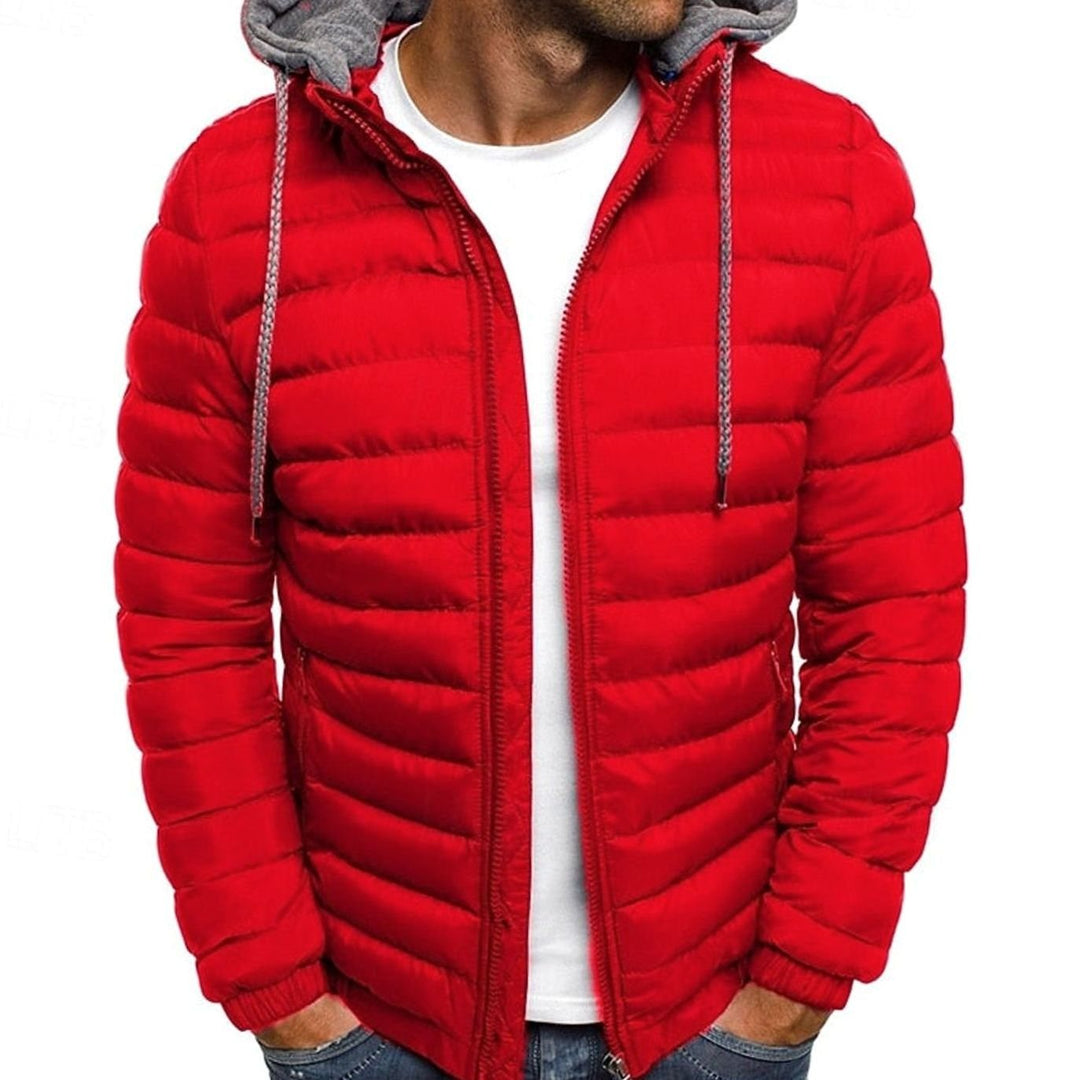 Men's Quilted Hooded Puffer Jacket Full-Zip Lightweight - Red
