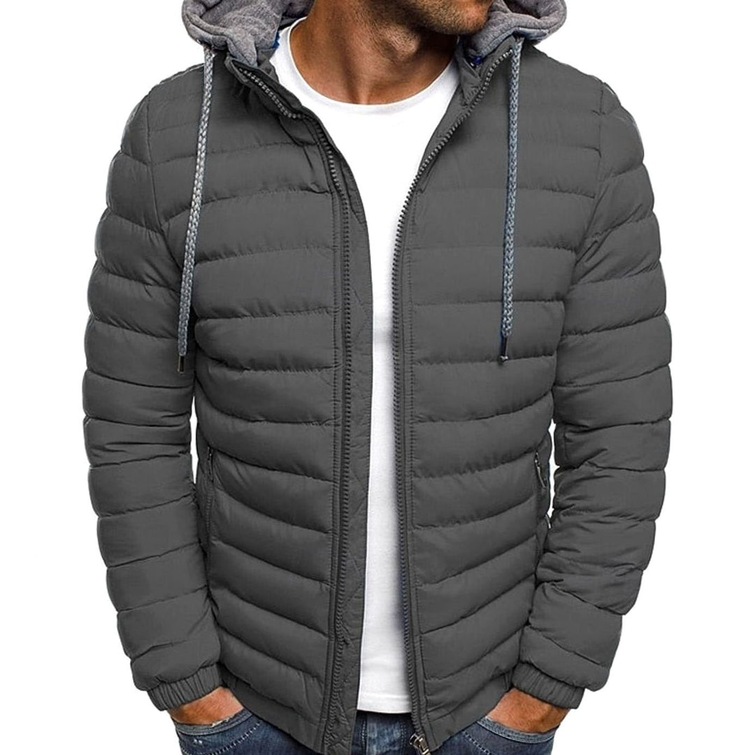 Men's Quilted Hooded Puffer Jacket Full-Zip Lightweight - Dark Grey