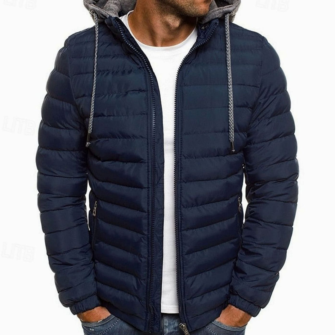 Men's Quilted Hooded Puffer Jacket Full-Zip Lightweight - Navy Blue