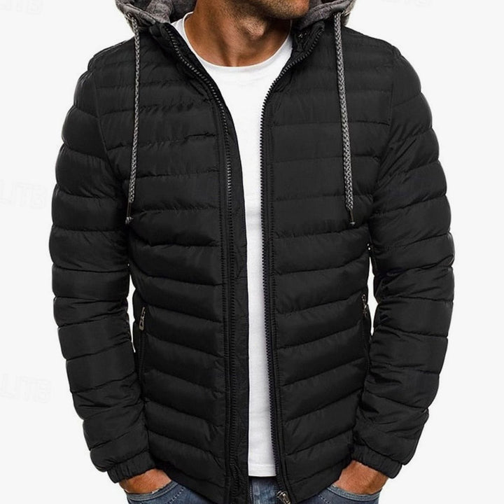 Men's Quilted Hooded Puffer Jacket Full-Zip Lightweight - Black