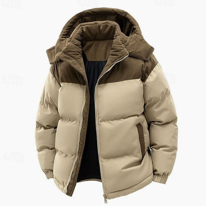 Men's Quilted Hooded Puffer Jacket Two-Tone Corduroy Trim - Khaki