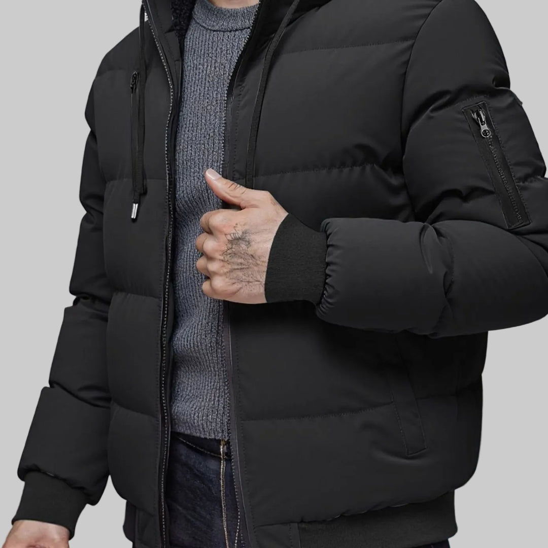 Men's Quilted Hooded Winter Puffer Jacket Ribbed Cuffs - Black