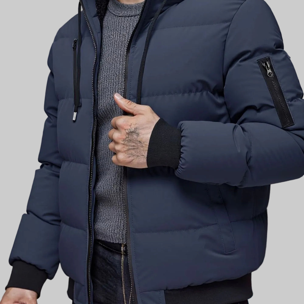 Men's Quilted Hooded Winter Puffer Jacket Ribbed Cuffs - Navy