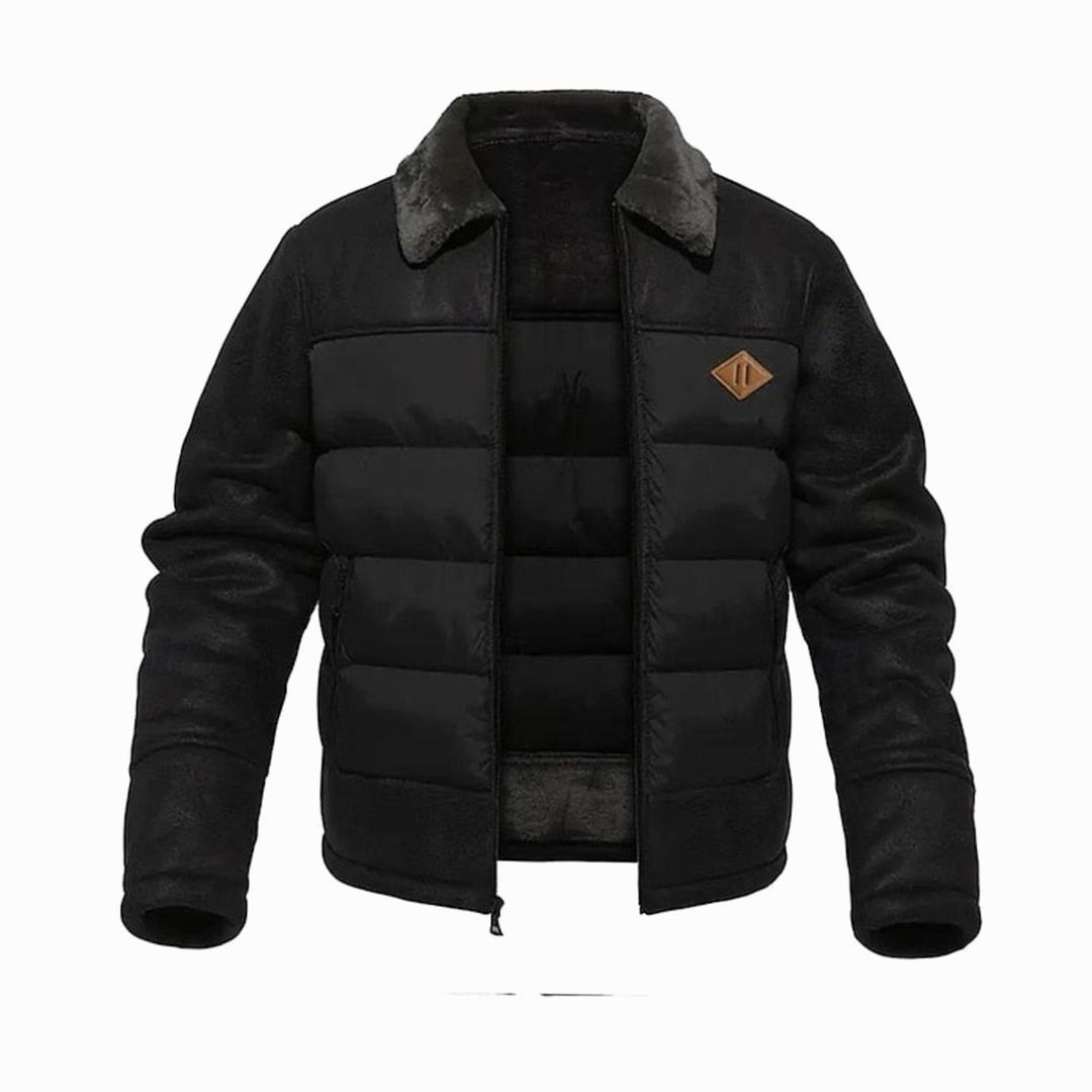 Men's Quilted Jacket Sherpa-Collar Coated Puffer Winter Coat - Black