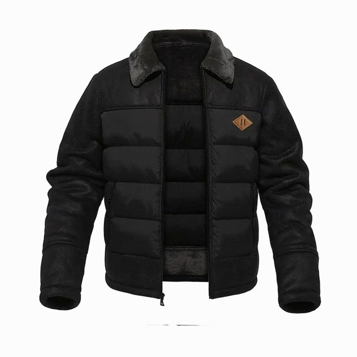 Men's Quilted Jacket Sherpa-Collar Coated Puffer Winter Coat - Black