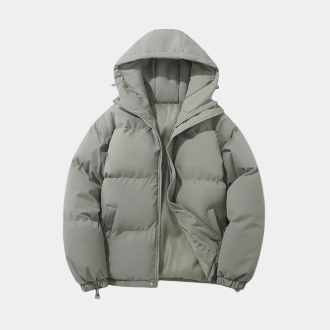 Men's Quilted Zip-Up Hooded Puffer Jacket - Gray Green
