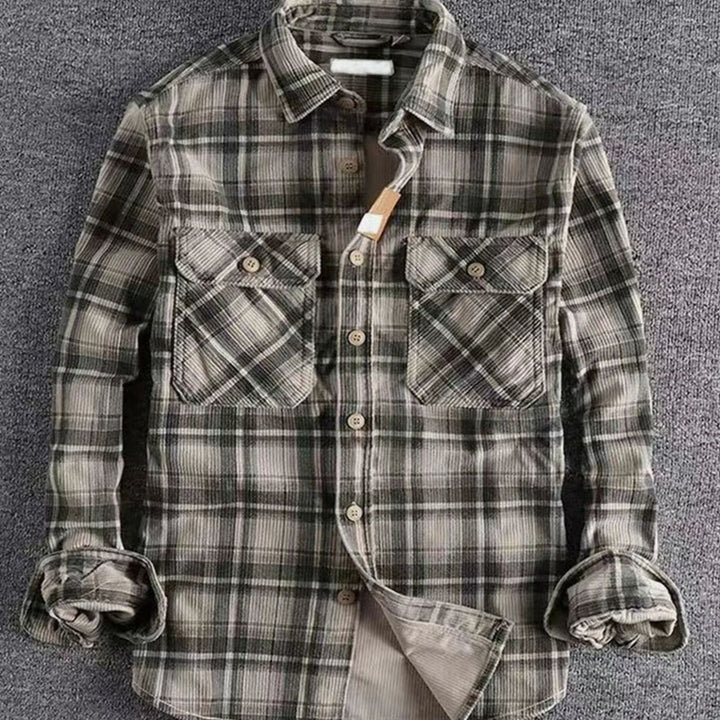 Men's Relaxed-Fit Plaid Flannel Shirt Dual Chest Pockets - Dark Grey