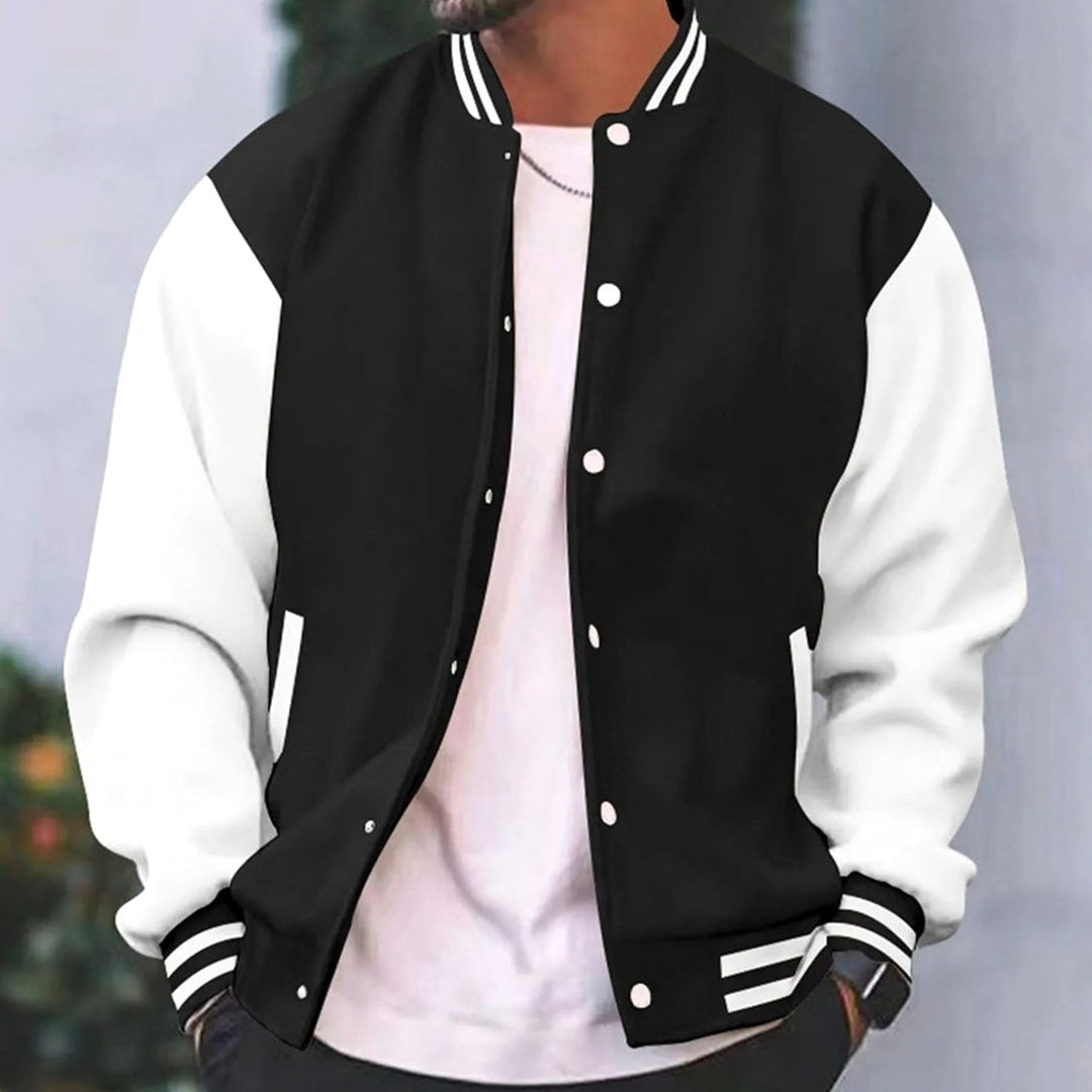 Men's Retro Colorblock Snap-Front Varsity Jacket - Black