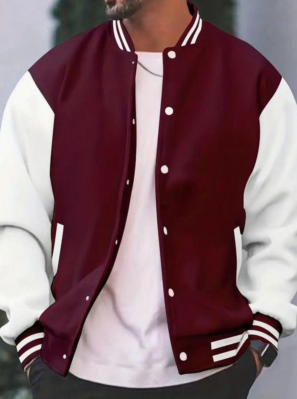 Men's Retro Colorblock Snap-Front Varsity Jacket - Burgundy