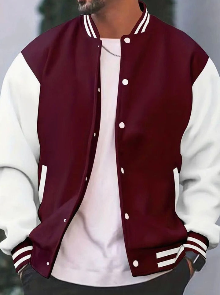 Men's Retro Colorblock Snap-Front Varsity Jacket - Burgundy