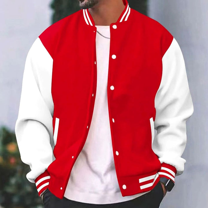 Men's Retro Colorblock Snap-Front Varsity Jacket - Red