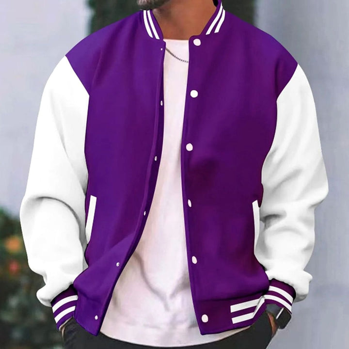 Men's Retro Colorblock Snap-Front Varsity Jacket - Purple