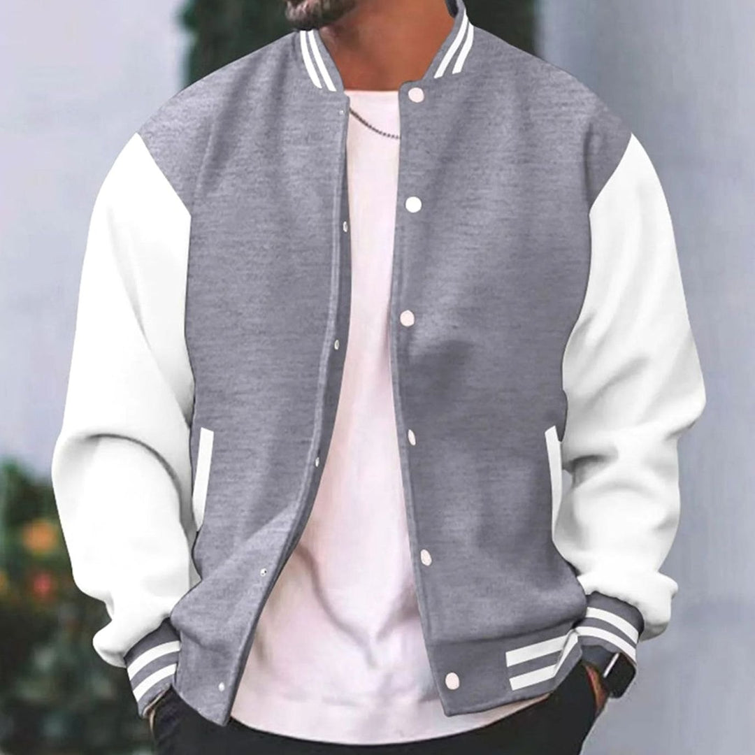 Men's Retro Colorblock Snap-Front Varsity Jacket - Grey