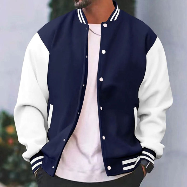 Men's Retro Colorblock Snap-Front Varsity Jacket - Navy Blue