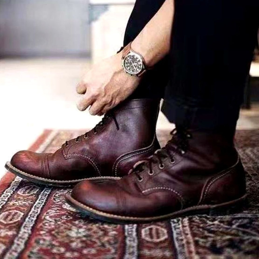 Men's Retro Leather Ankle Lace-Up Boots - Coffee