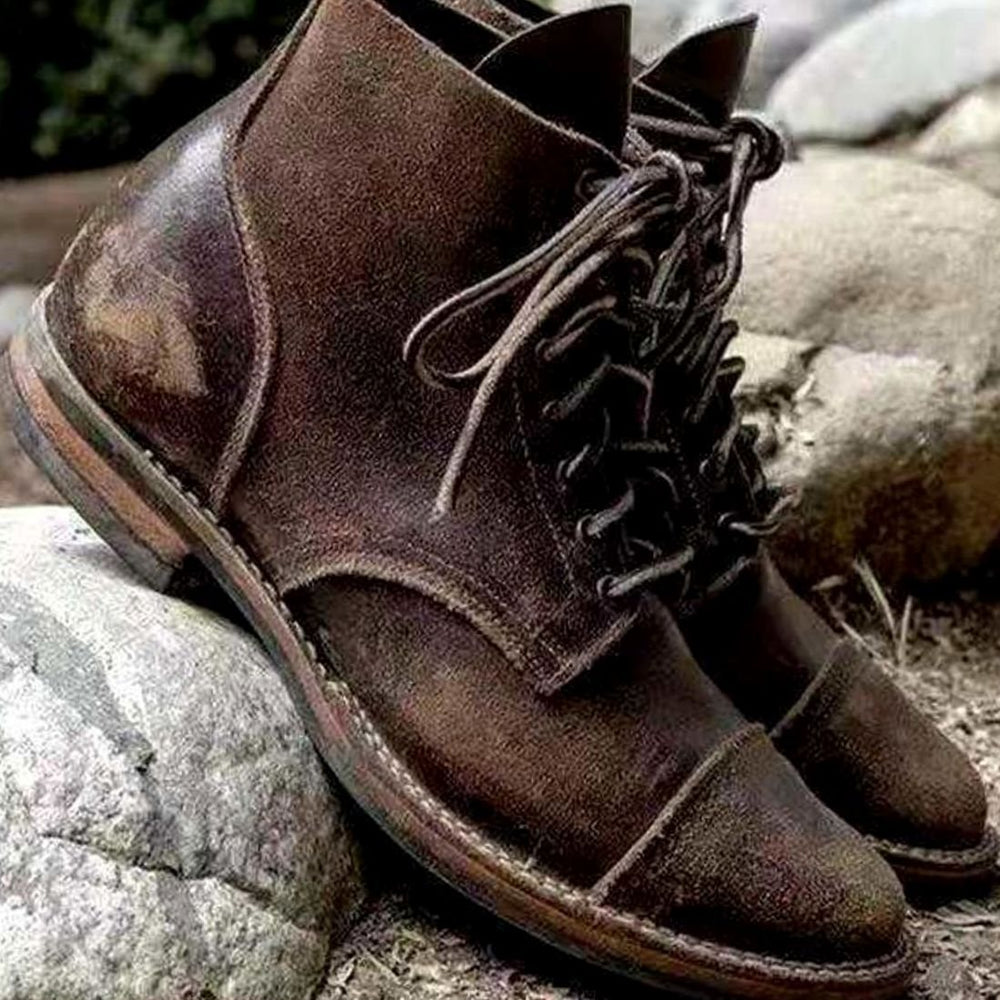 Men's Retro Leather Ankle Lace-Up Boots - Khaki