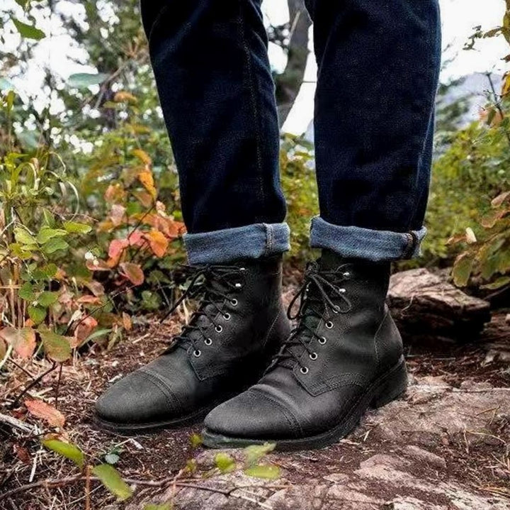 Men's Retro Leather Ankle Lace-Up Boots - Black
