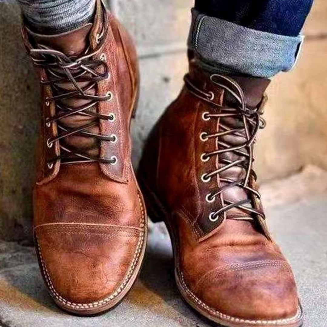 Men's Retro Leather Ankle Lace-Up Boots - Brown