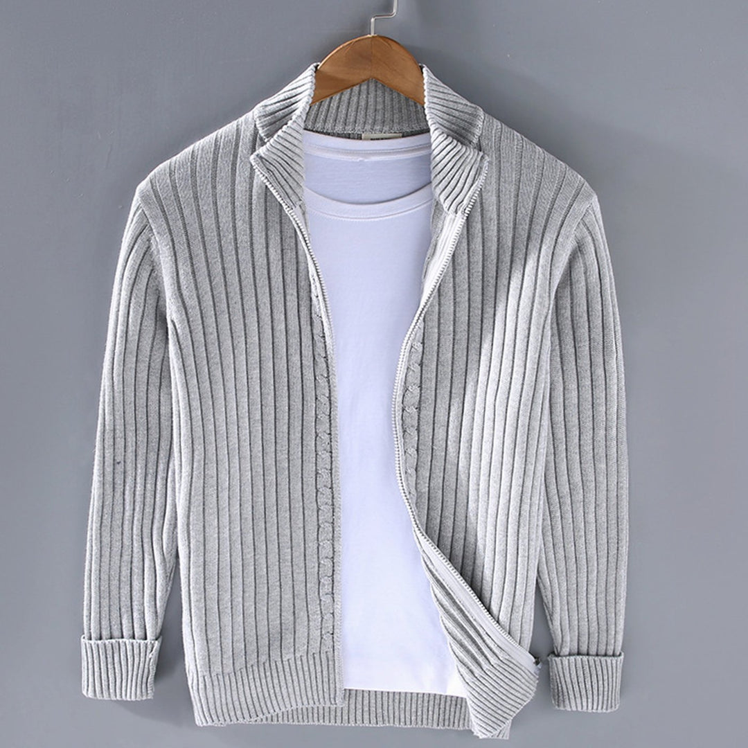 Men's Ribbed Knit Full-Zip Winter Cardigan Sweater - Grey