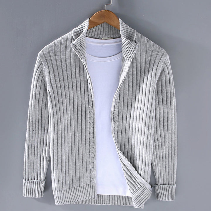 Men's Ribbed Knit Full-Zip Winter Cardigan Sweater - Grey