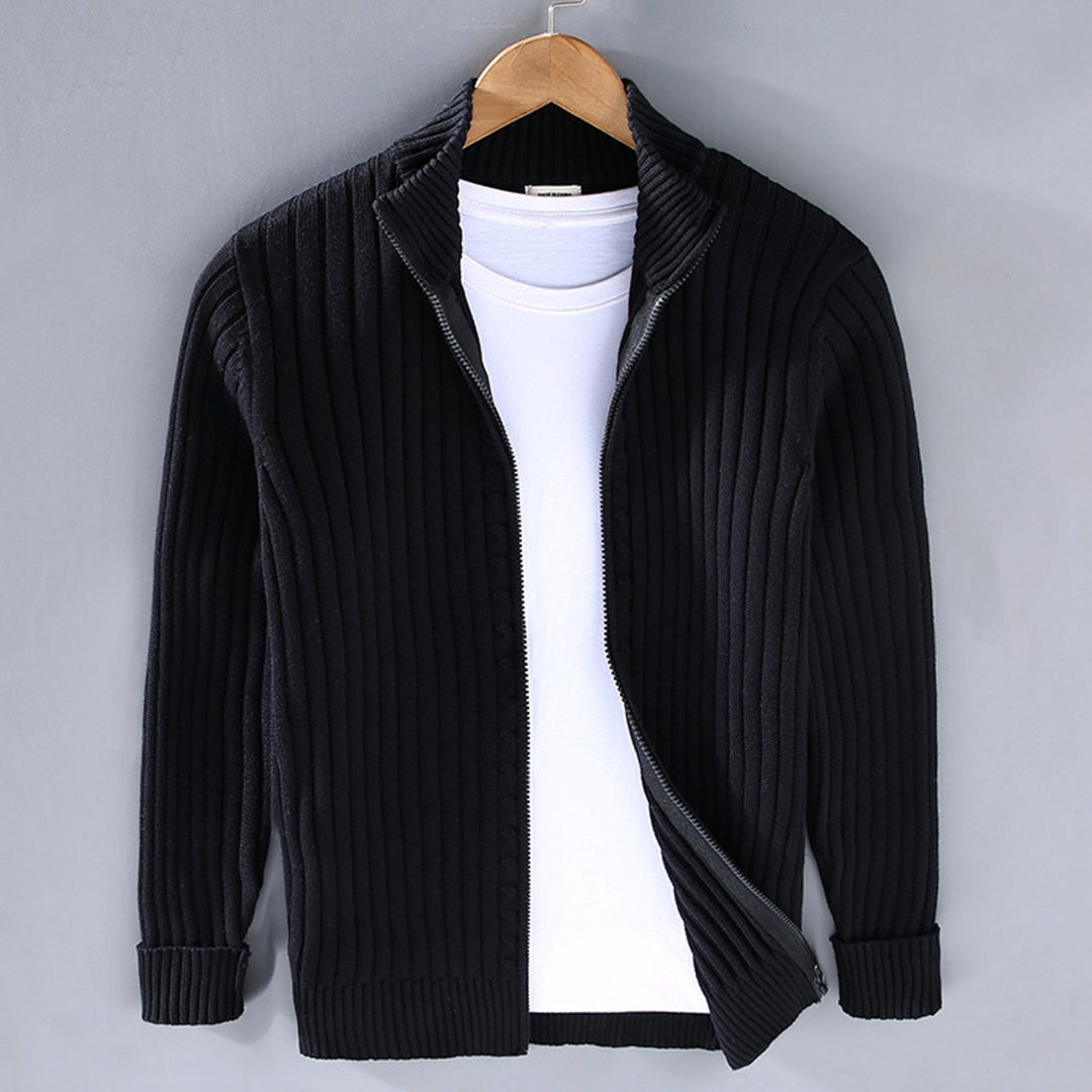 Men's Ribbed Knit Full-Zip Winter Cardigan Sweater - Black