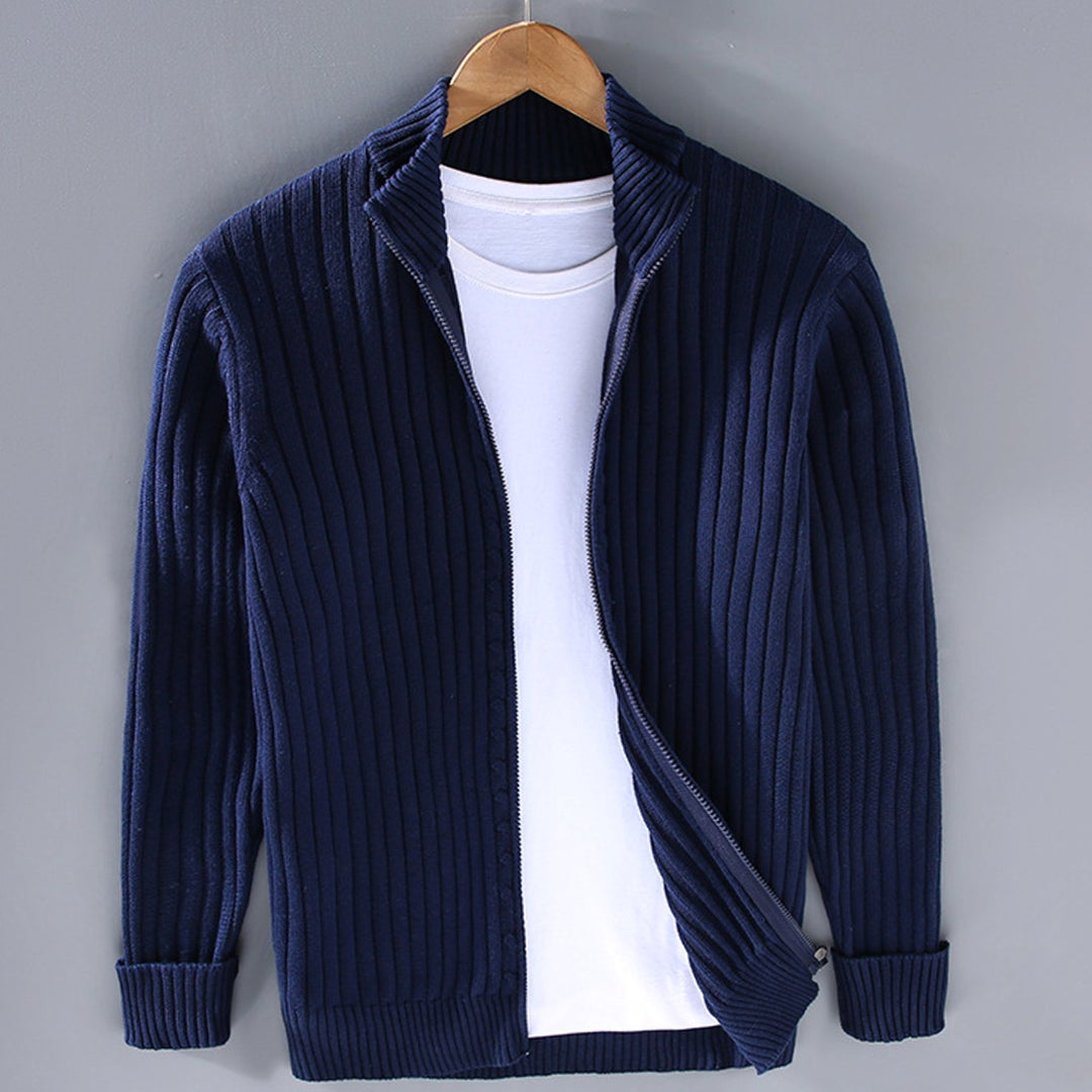 Men's Ribbed Knit Full-Zip Winter Cardigan Sweater - Blue
