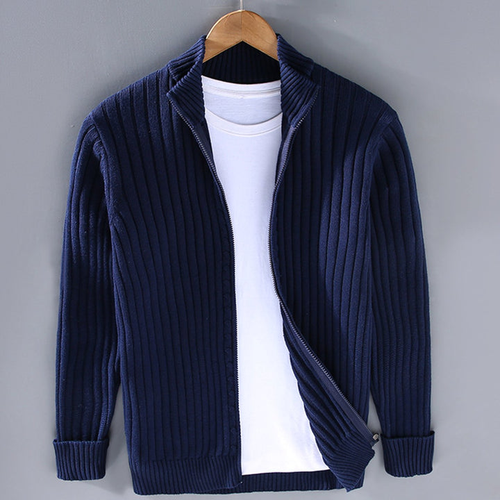 Men's Ribbed Knit Full-Zip Winter Cardigan Sweater - Blue