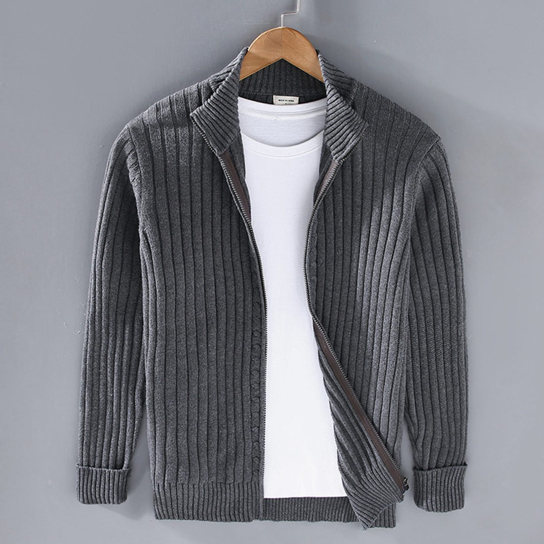 Men's Ribbed Knit Full-Zip Winter Cardigan Sweater - Charcoal