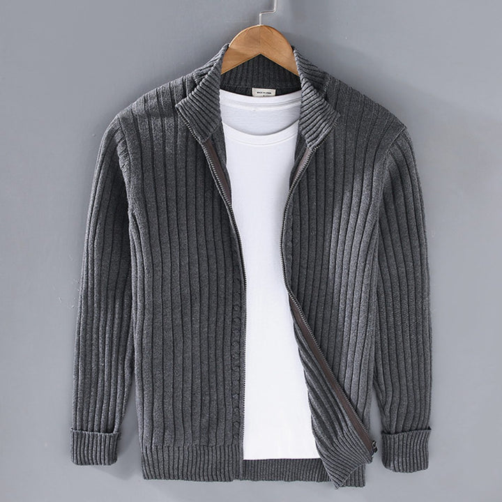 Men's Ribbed Knit Full-Zip Winter Cardigan Sweater - Charcoal
